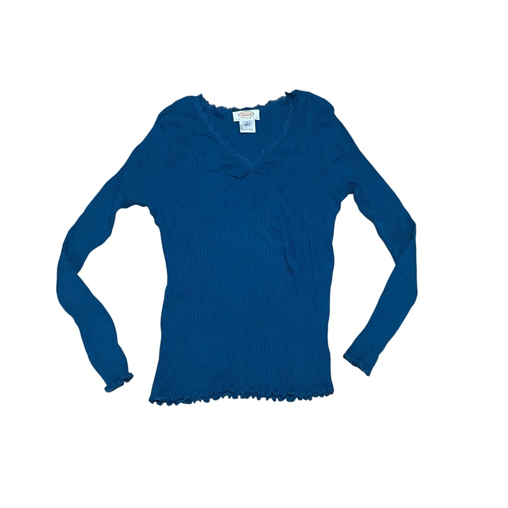 VTG Y2K Large Petite Bella Swan Teal Blue Rib Knit Lace Trim Lettuce Edge LS Top